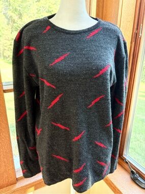 Vintage Italian 2Ply Cashmere Sweater Gray Red Lightning Bolts Size Large